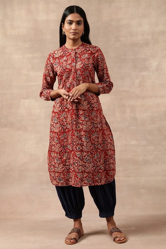 Deep Red Kalamkari Print Applique Kurti and pant set | Shobitam Custom  Gowns | Made To Order | Long gown design, Long dress design, Kalamkari kurta